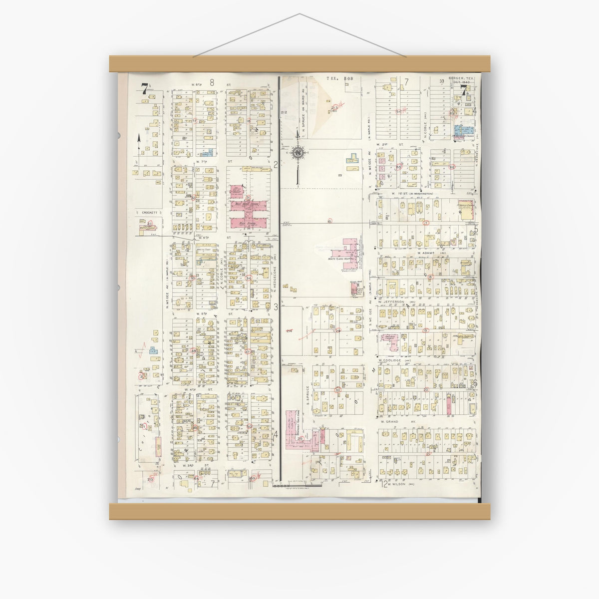 Old map wall art mockup — magnetic wood frame on white wall — Sanborn Fire Insurance Map from Borger, Hutchinson County, Texas (1950), Sheet #0007