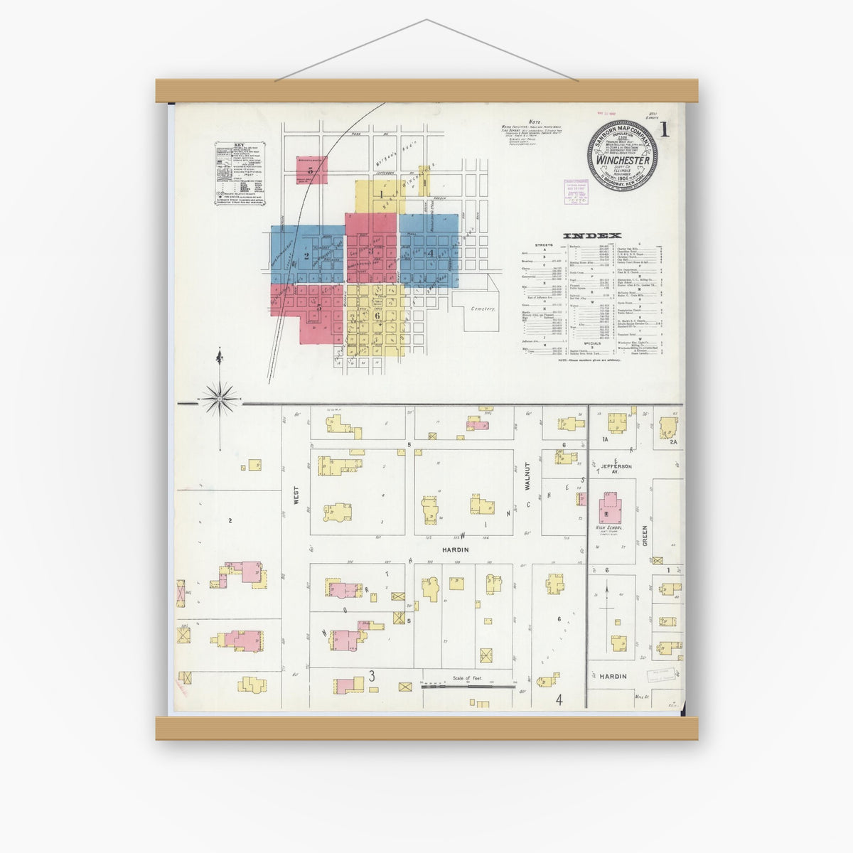 Old map wall art mockup — magnetic wood frame on white wall — Sanborn Fire Insurance Map from Winchester, Scott County, Illinois (1906) - Complete Map Set
