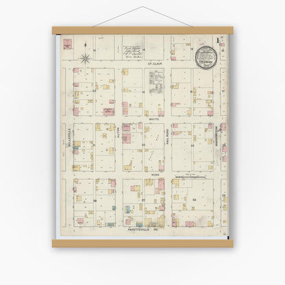 Old map wall art mockup — magnetic wood frame on white wall — Sanborn Fire Insurance Map from Freeburg, Saint Clair County, Illinois (1894), Sheet #0001