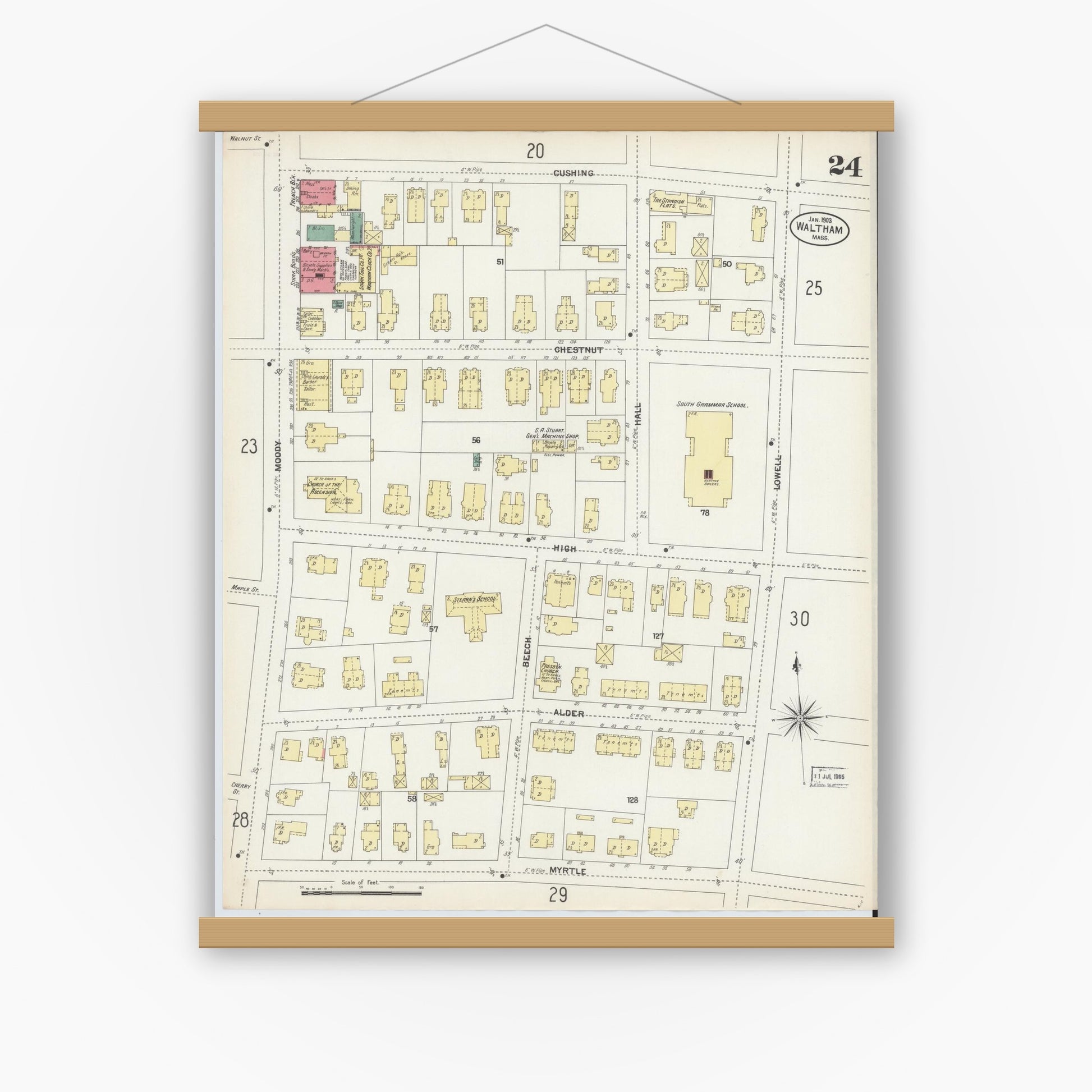 Old map wall art mockup — magnetic wood frame on white wall — Sanborn Fire Insurance Map from Waltham, Middlesex County, Massachusetts (1903), Sheet #0024
