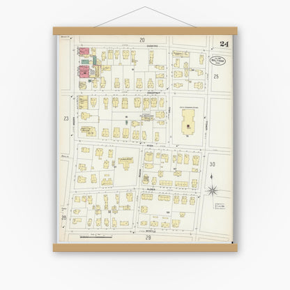 Old map wall art mockup — magnetic wood frame on white wall — Sanborn Fire Insurance Map from Waltham, Middlesex County, Massachusetts (1903), Sheet #0024