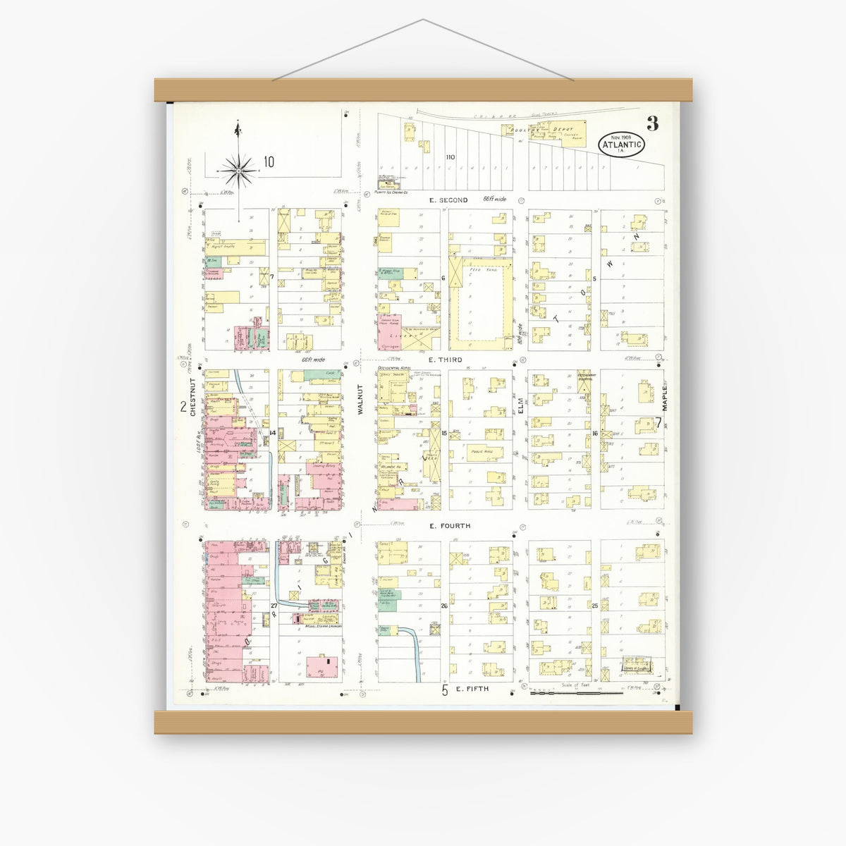 Old map wall art mockup — magnetic wood frame on white wall — Sanborn Fire Insurance Map from Atlantic, Cass County, Iowa (1908), Sheet #0003