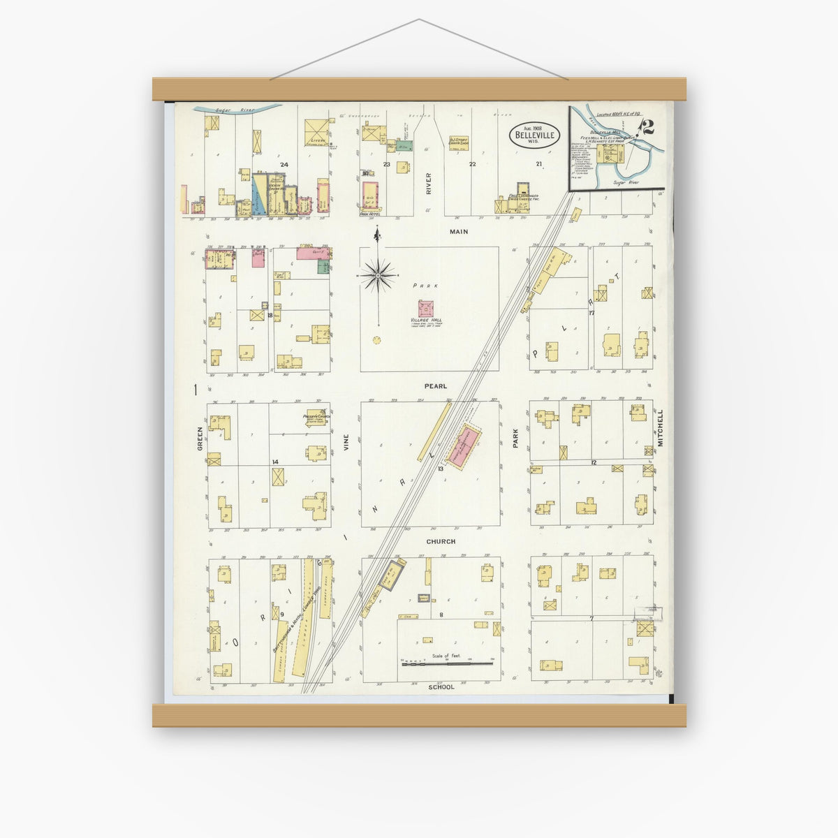 Old map wall art mockup — magnetic wood frame on white wall — Sanborn Fire Insurance Map from Belleville, Dane County, Wisconsin (1908), Sheet #0002