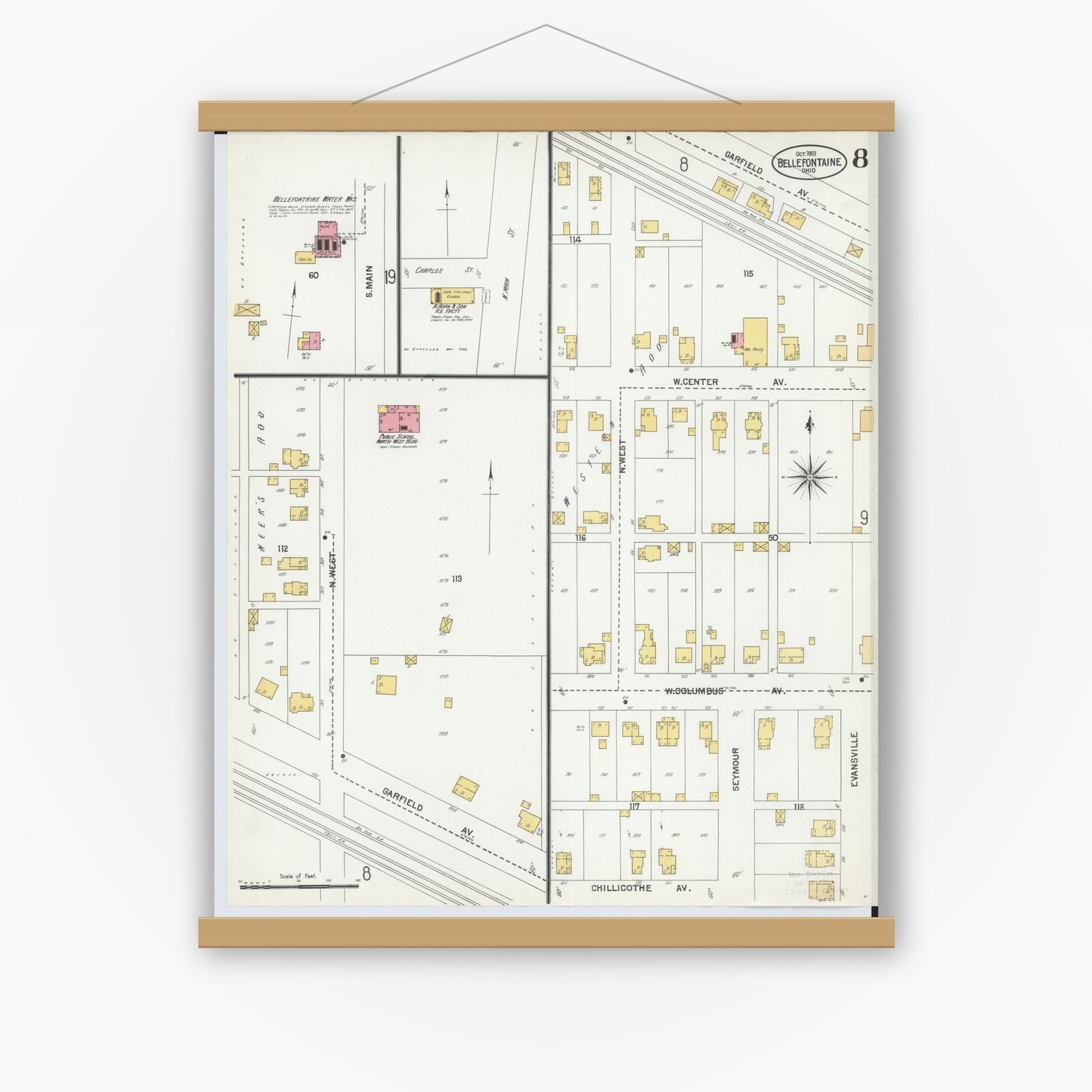 Old map wall art mockup — magnetic wood frame on white wall — Sanborn Fire Insurance Map from Bellefontaine, Logan County, Ohio (1901), Sheet #0008