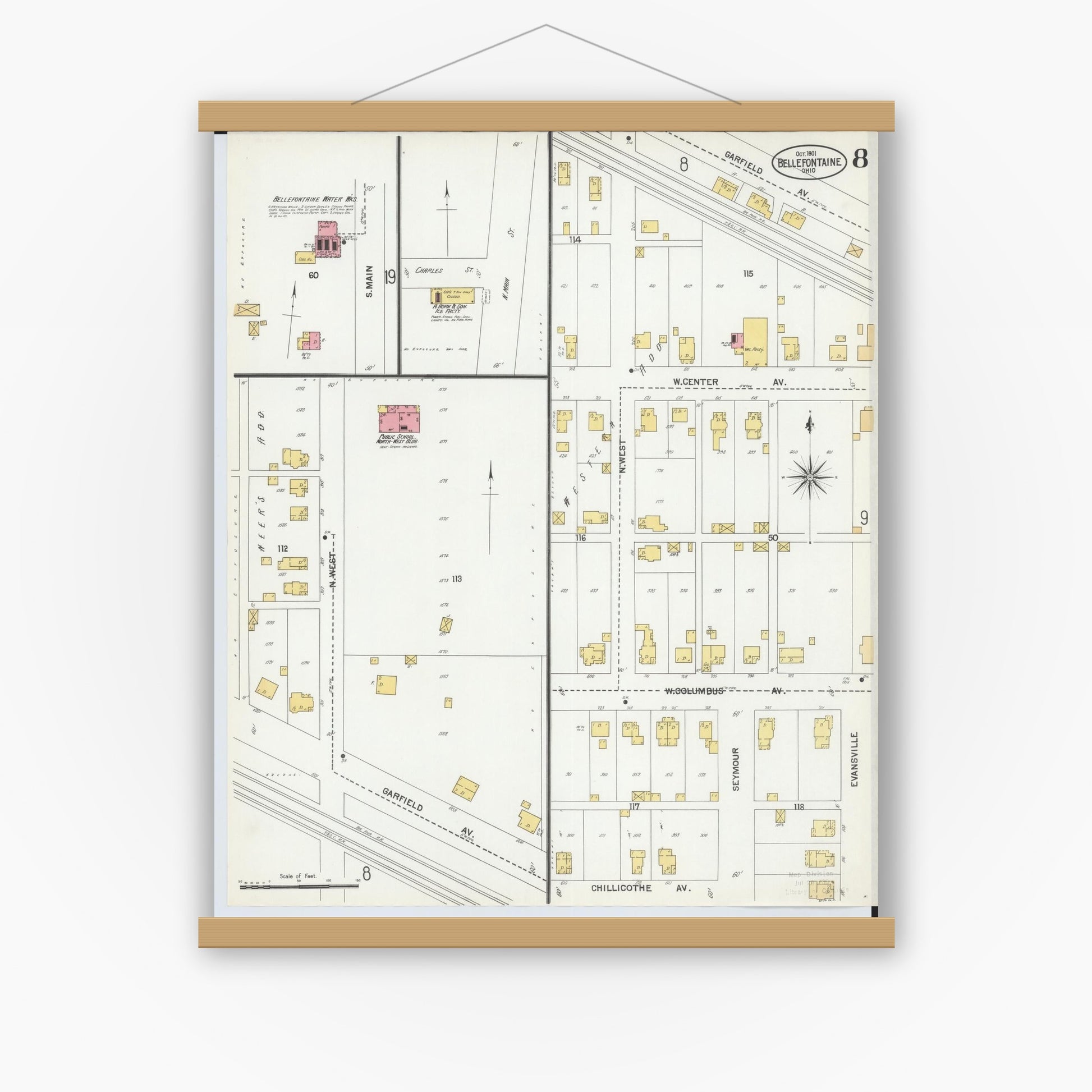 Old map wall art mockup — magnetic wood frame on white wall — Sanborn Fire Insurance Map from Bellefontaine, Logan County, Ohio (1901), Sheet #0008