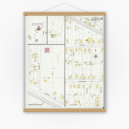 Old map wall art mockup — magnetic wood frame on white wall — Sanborn Fire Insurance Map from Bellefontaine, Logan County, Ohio (1901), Sheet #0008
