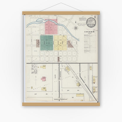 Old map wall art mockup — magnetic wood frame on white wall — Sanborn Fire Insurance Map from Hutchinson, Mcleod County, Minnesota (1893), Sheet #0001