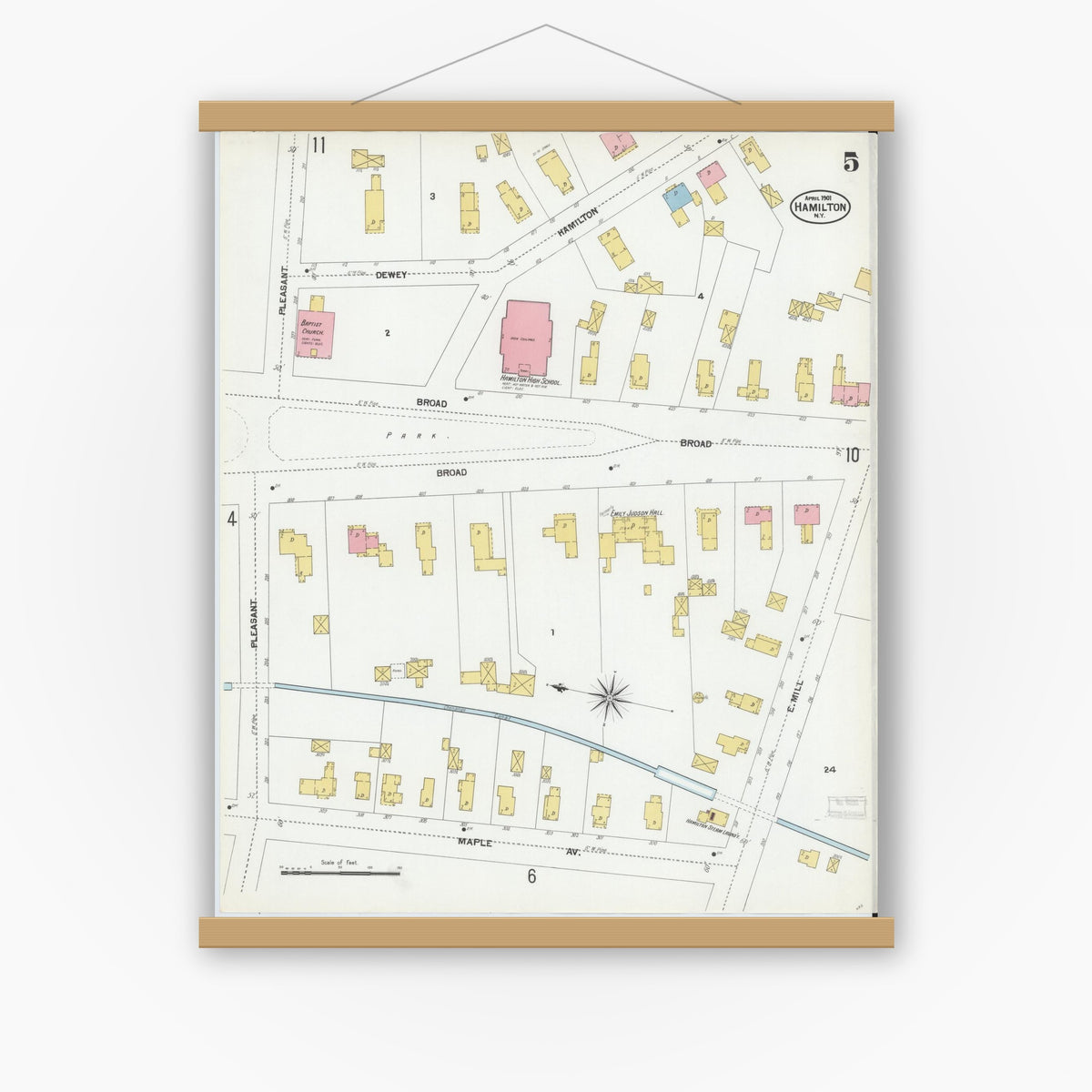 Old map wall art mockup — magnetic wood frame on white wall — Sanborn Fire Insurance Map from Hamilton, Madison County, New York (1901), Sheet #0005