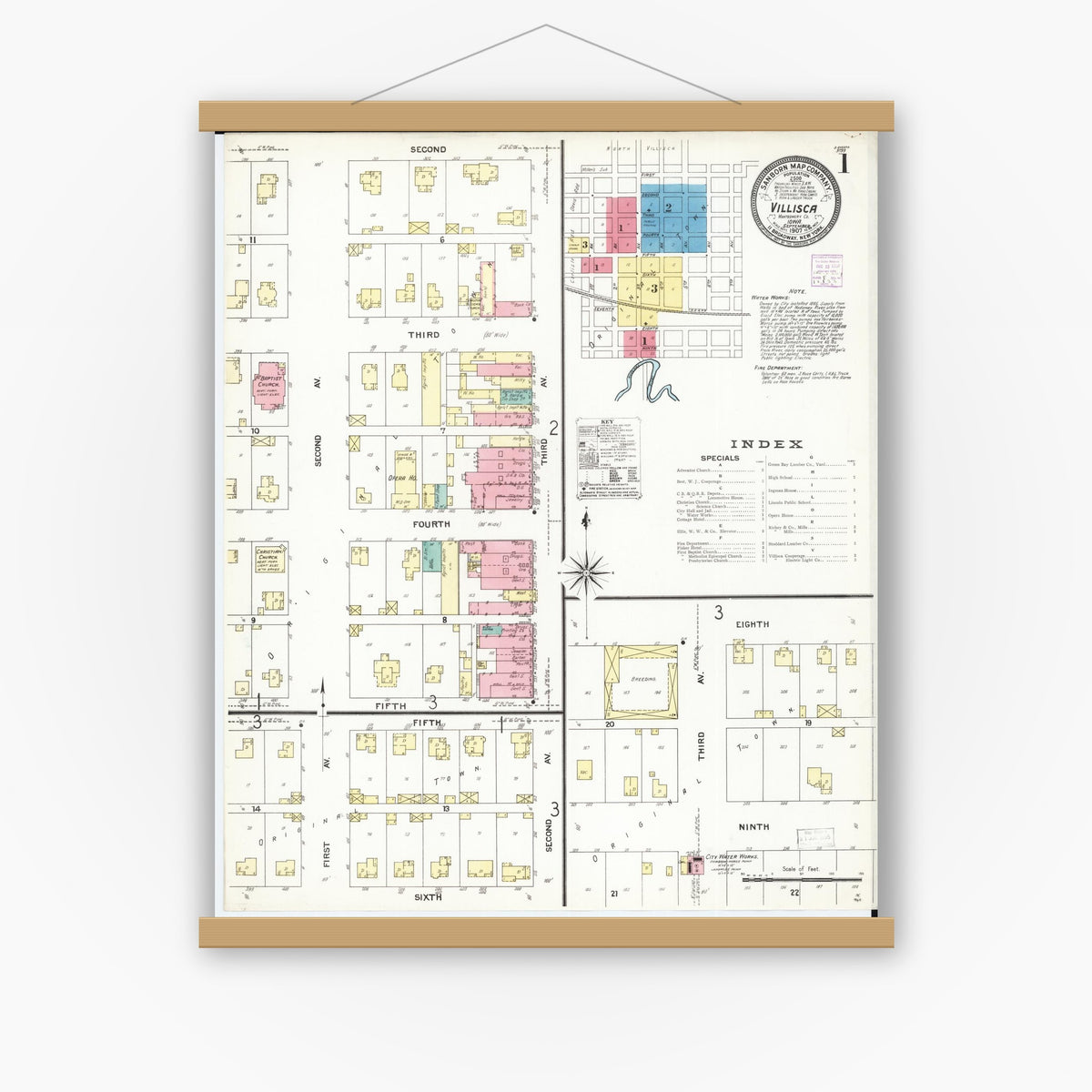 Old map wall art mockup — magnetic wood frame on white wall — Sanborn Fire Insurance Map from Villisca, Montgomery County, Iowa (1907), Sheet #0001