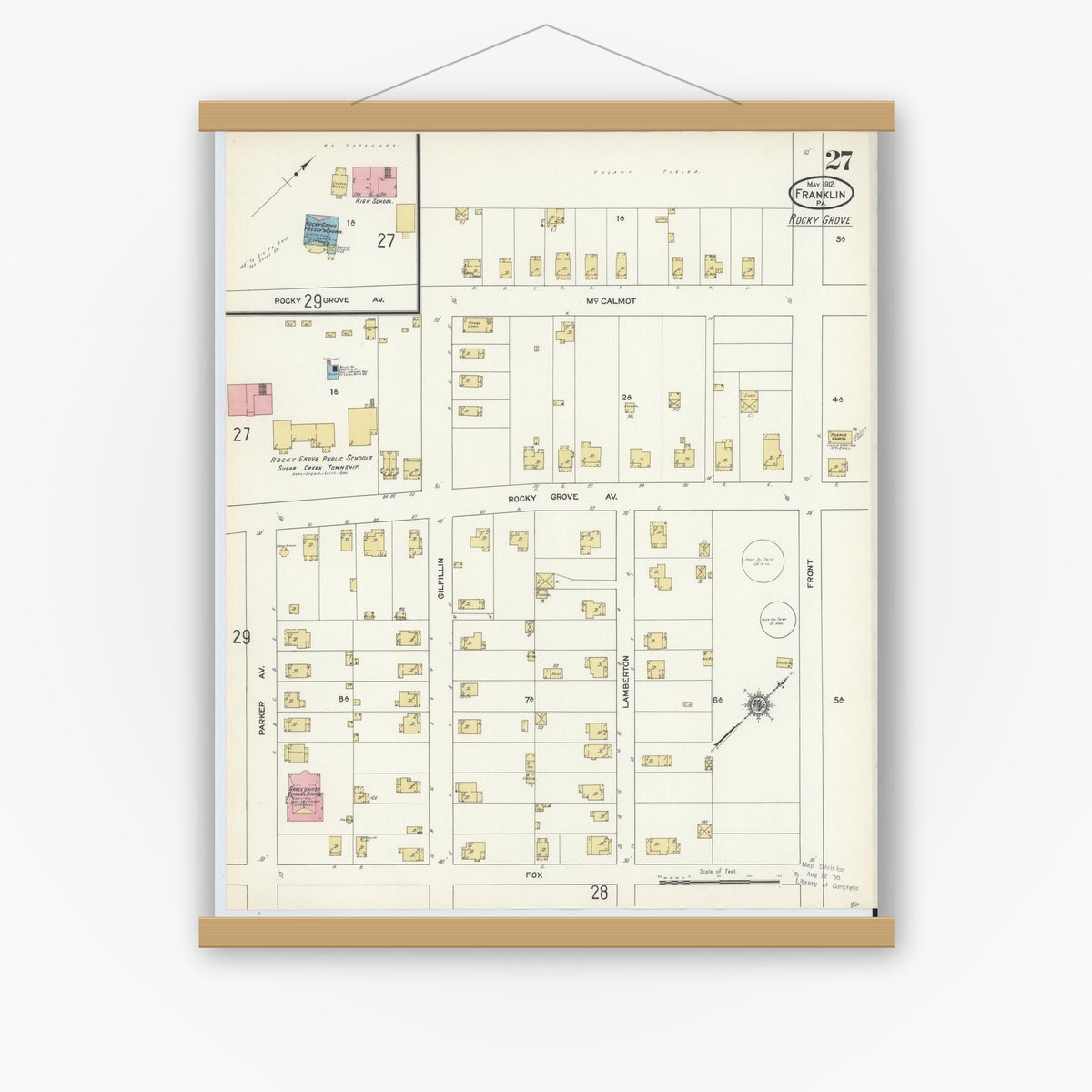 Old map wall art mockup — magnetic wood frame on white wall — Sanborn Fire Insurance Map from Franklin, Venango County, Pennsylvania (1912), Sheet #0027