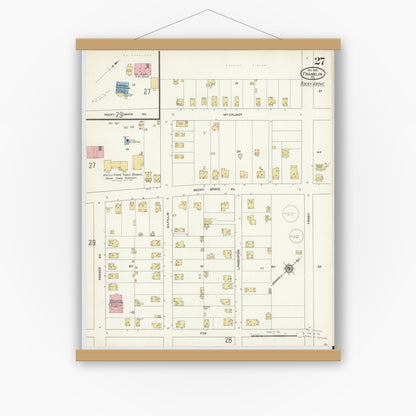 Old map wall art mockup — magnetic wood frame on white wall — Sanborn Fire Insurance Map from Franklin, Venango County, Pennsylvania (1912), Sheet #0027