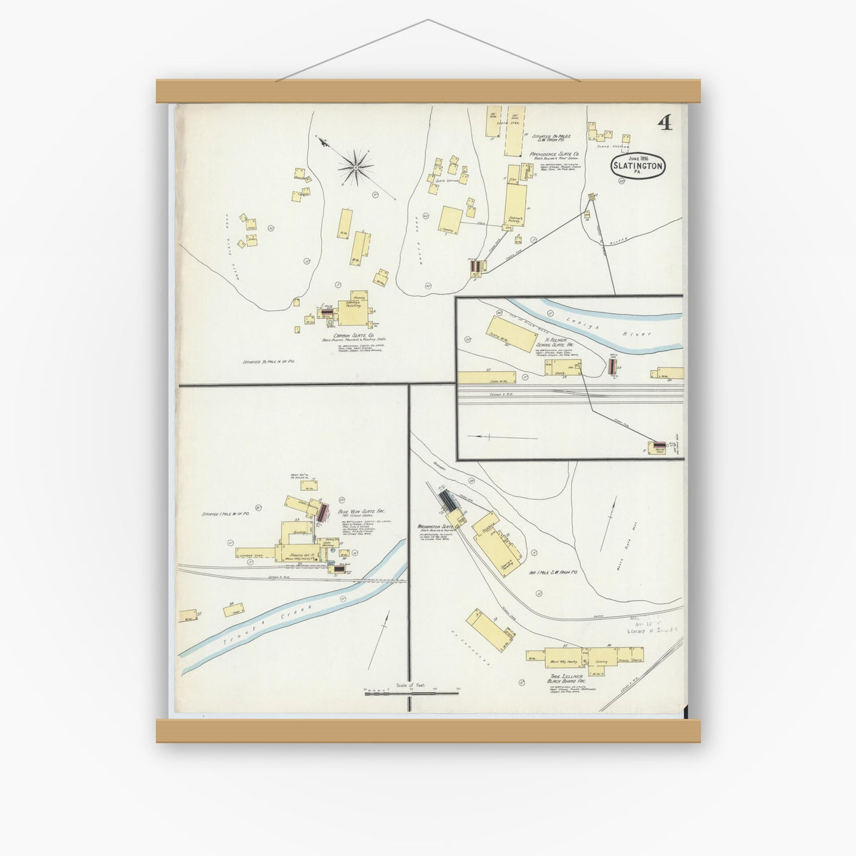 Old map wall art mockup — magnetic wood frame on white wall — Sanborn Fire Insurance Map from Slatington, Lehigh County, Pennsylvania (1896), Sheet #0004