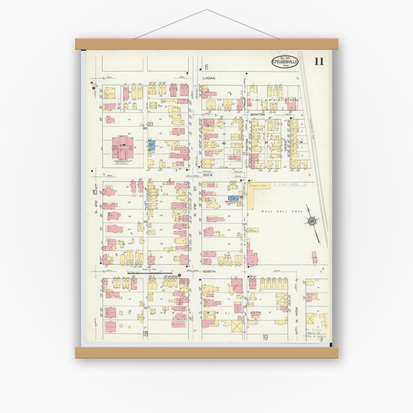 Old map wall art mockup — magnetic wood frame on white wall — Sanborn Fire Insurance Map from Steubenville, Jefferson County, Ohio (1913), Sheet #0011