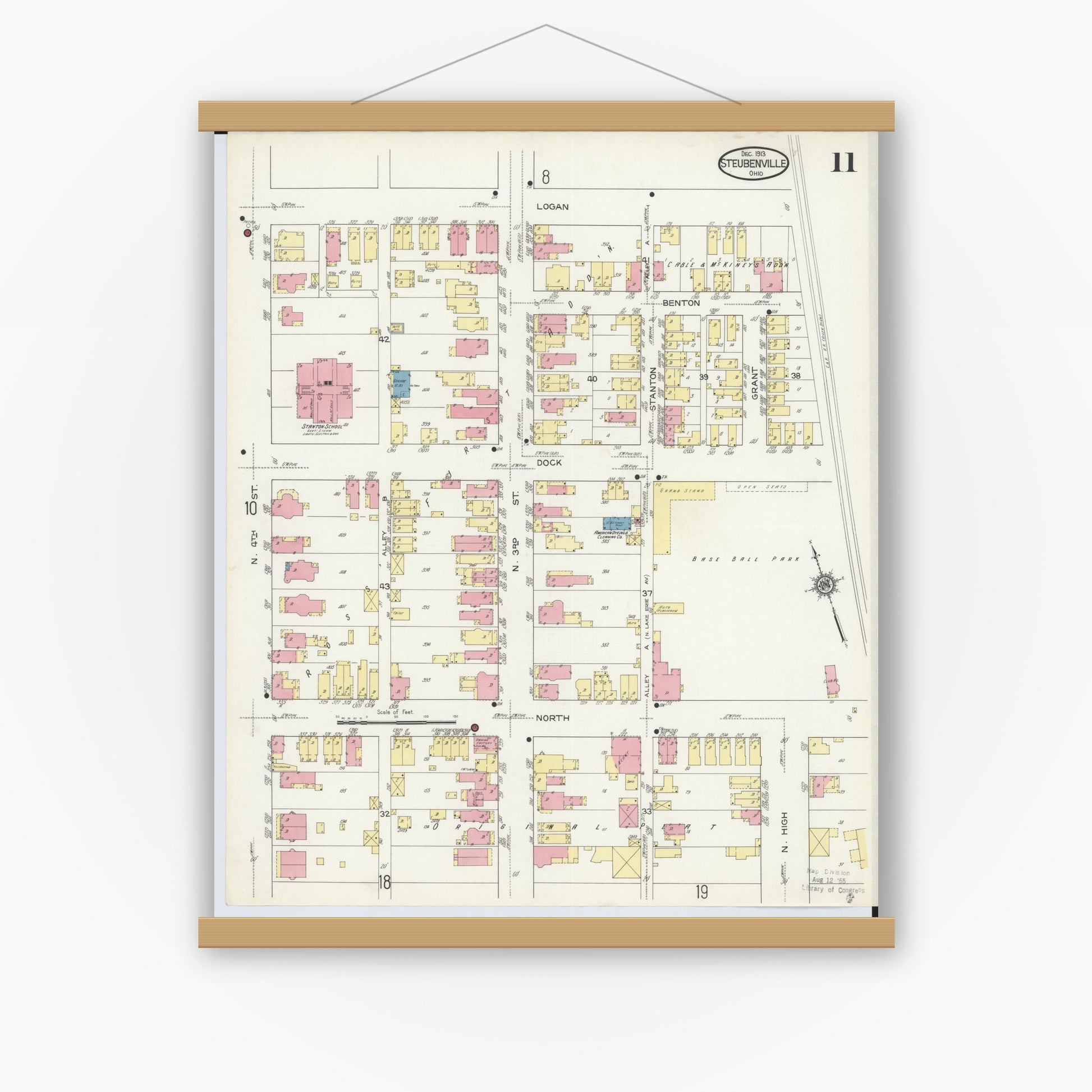 Old map wall art mockup — magnetic wood frame on white wall — Sanborn Fire Insurance Map from Steubenville, Jefferson County, Ohio (1913), Sheet #0011