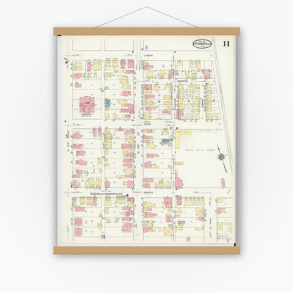 Old map wall art mockup — magnetic wood frame on white wall — Sanborn Fire Insurance Map from Steubenville, Jefferson County, Ohio (1913), Sheet #0011