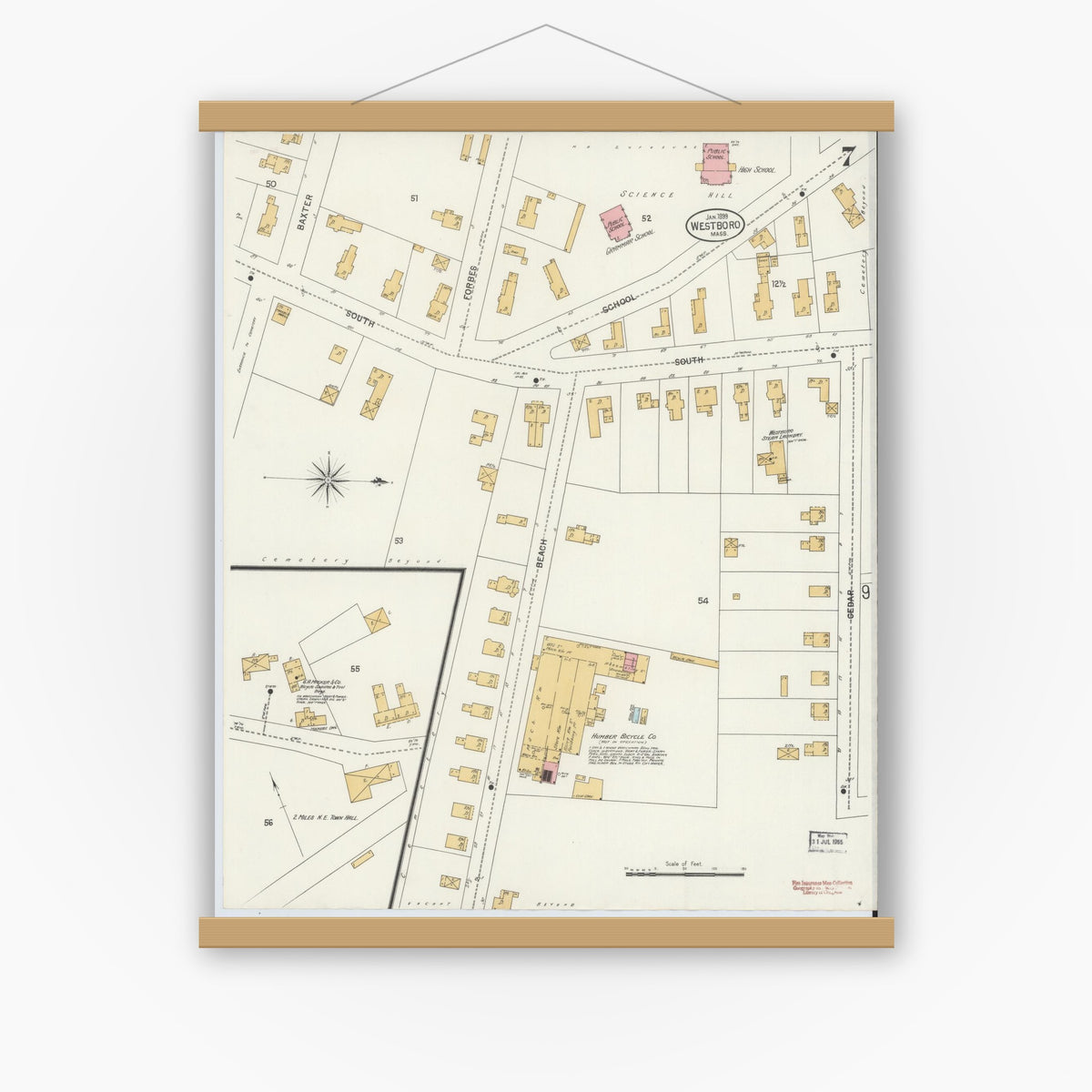 Old map wall art mockup — magnetic wood frame on white wall — Sanborn Fire Insurance Map from Westboro, Worcester County, Massachusetts (1899), Sheet #0007