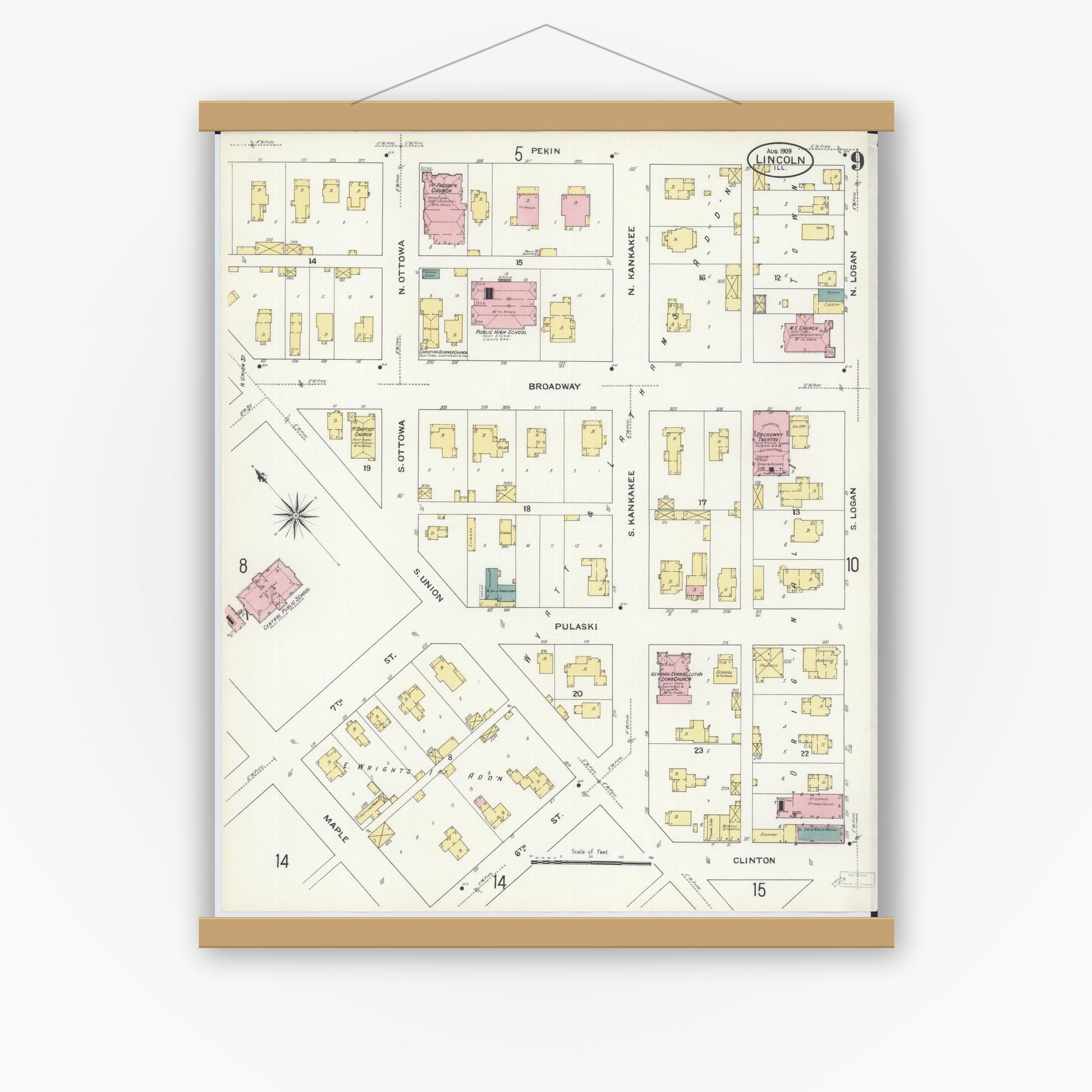 Old map wall art mockup — magnetic wood frame on white wall — Sanborn Fire Insurance Map from Lincoln, Logan County, Illinois (1909), Sheet #0009