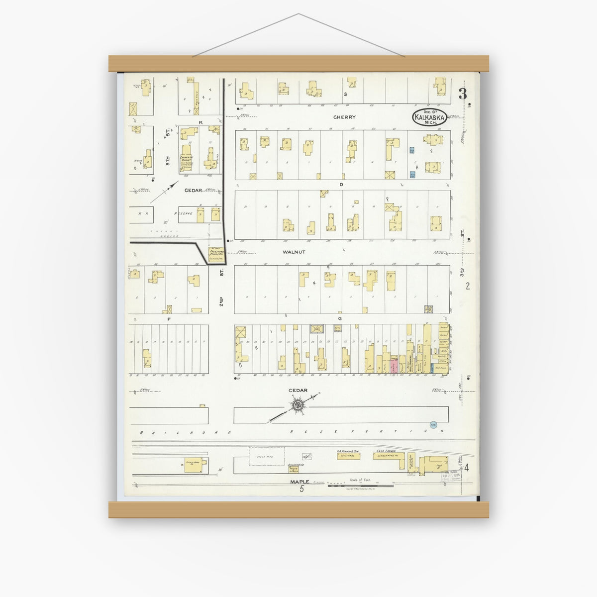 Old map wall art mockup — magnetic wood frame on white wall — Sanborn Fire Insurance Map from Kalkaska, Kalkaska County, Michigan (1917), Sheet #0003