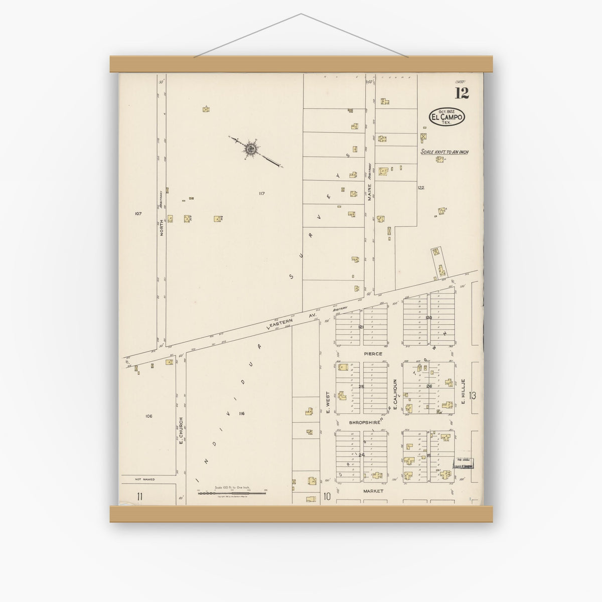 Old map wall art mockup — magnetic wood frame on white wall — Sanborn Fire Insurance Map from El Campo, Wharton County, Texas (1922), Sheet #0012