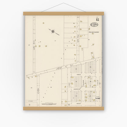 Old map wall art mockup — magnetic wood frame on white wall — Sanborn Fire Insurance Map from El Campo, Wharton County, Texas (1922), Sheet #0012
