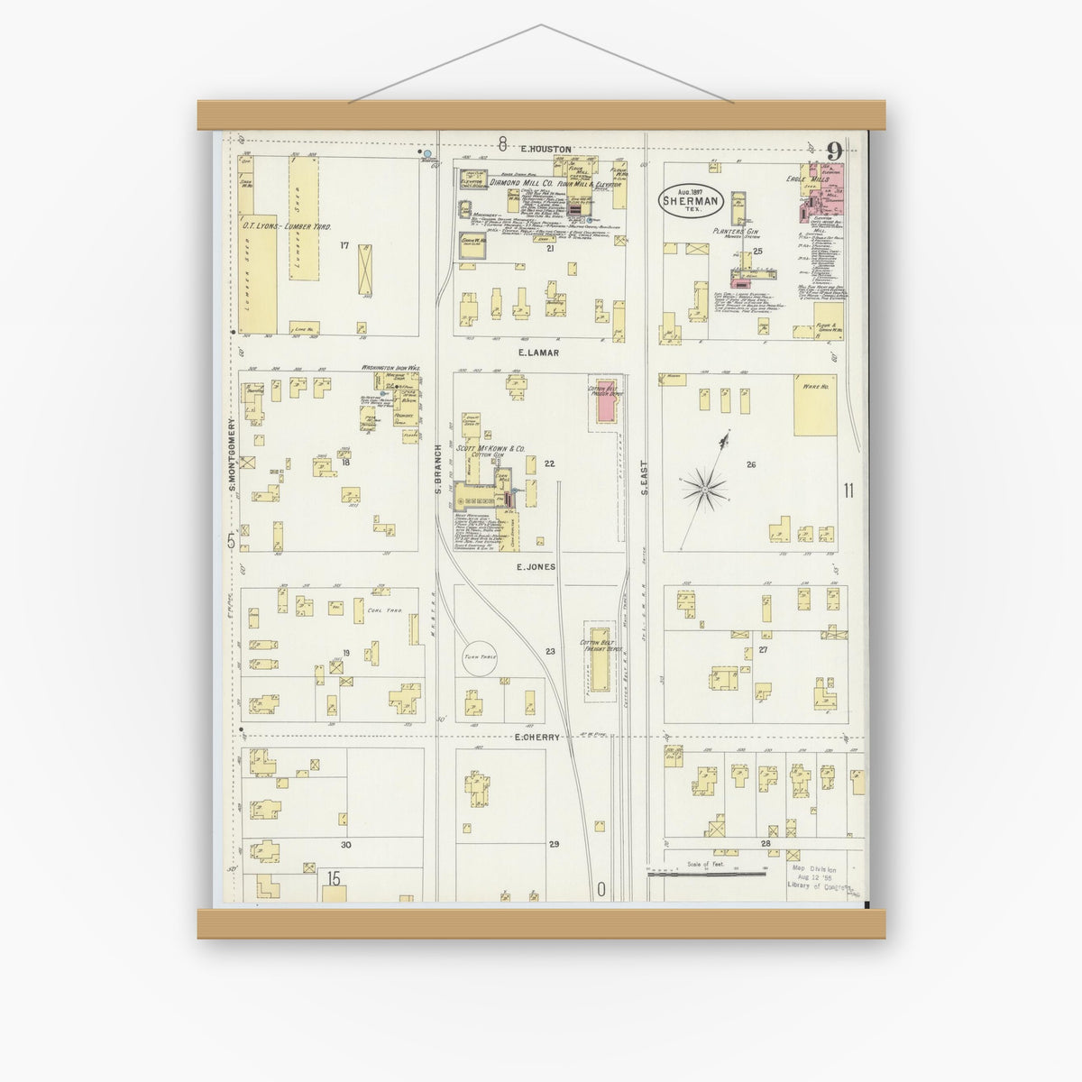 Old map wall art mockup — magnetic wood frame on white wall — Sanborn Fire Insurance Map from Sherman, Grayson County, Texas (1897), Sheet #0009