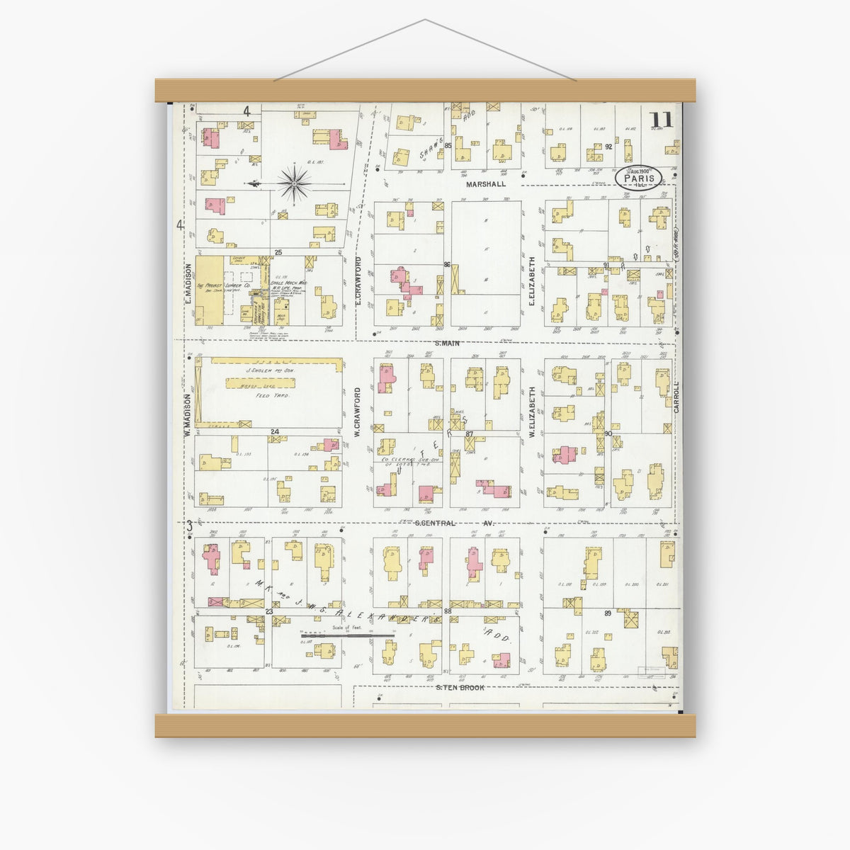 Old map wall art mockup — magnetic wood frame on white wall — Sanborn Fire Insurance Map from Paris, Edgar County, Illinois (1900), Sheet #0011