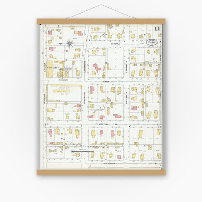 Old map wall art mockup — magnetic wood frame on white wall — Sanborn Fire Insurance Map from Paris, Edgar County, Illinois (1900), Sheet #0011