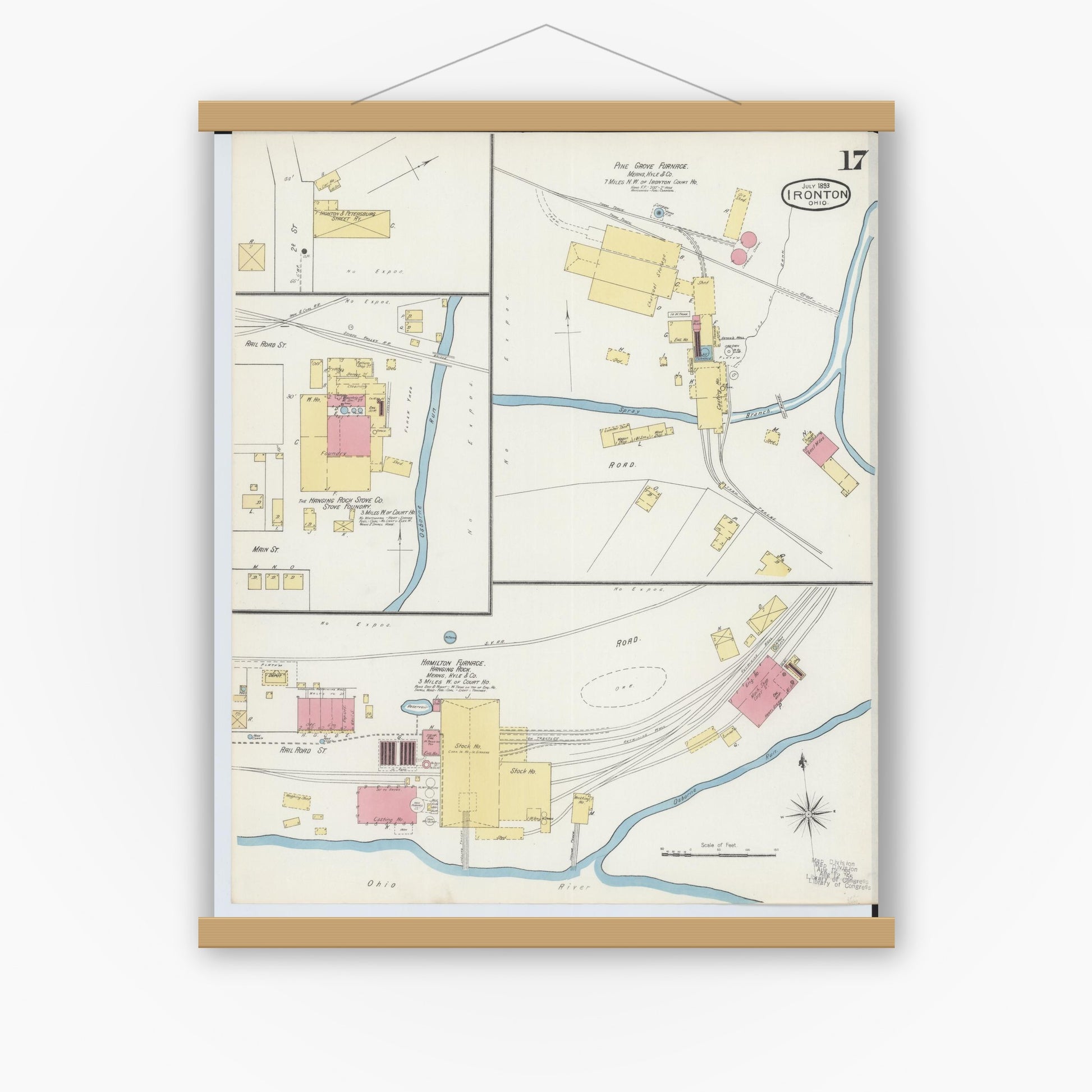 Old map wall art mockup — magnetic wood frame on white wall — Sanborn Fire Insurance Map from Ironton, Lawrence County, Ohio (1893), Sheet #0017