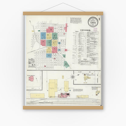 Old map wall art mockup — magnetic wood frame on white wall — Sanborn Fire Insurance Map from Temple, Bell County, Texas (1905) - Complete Map Set