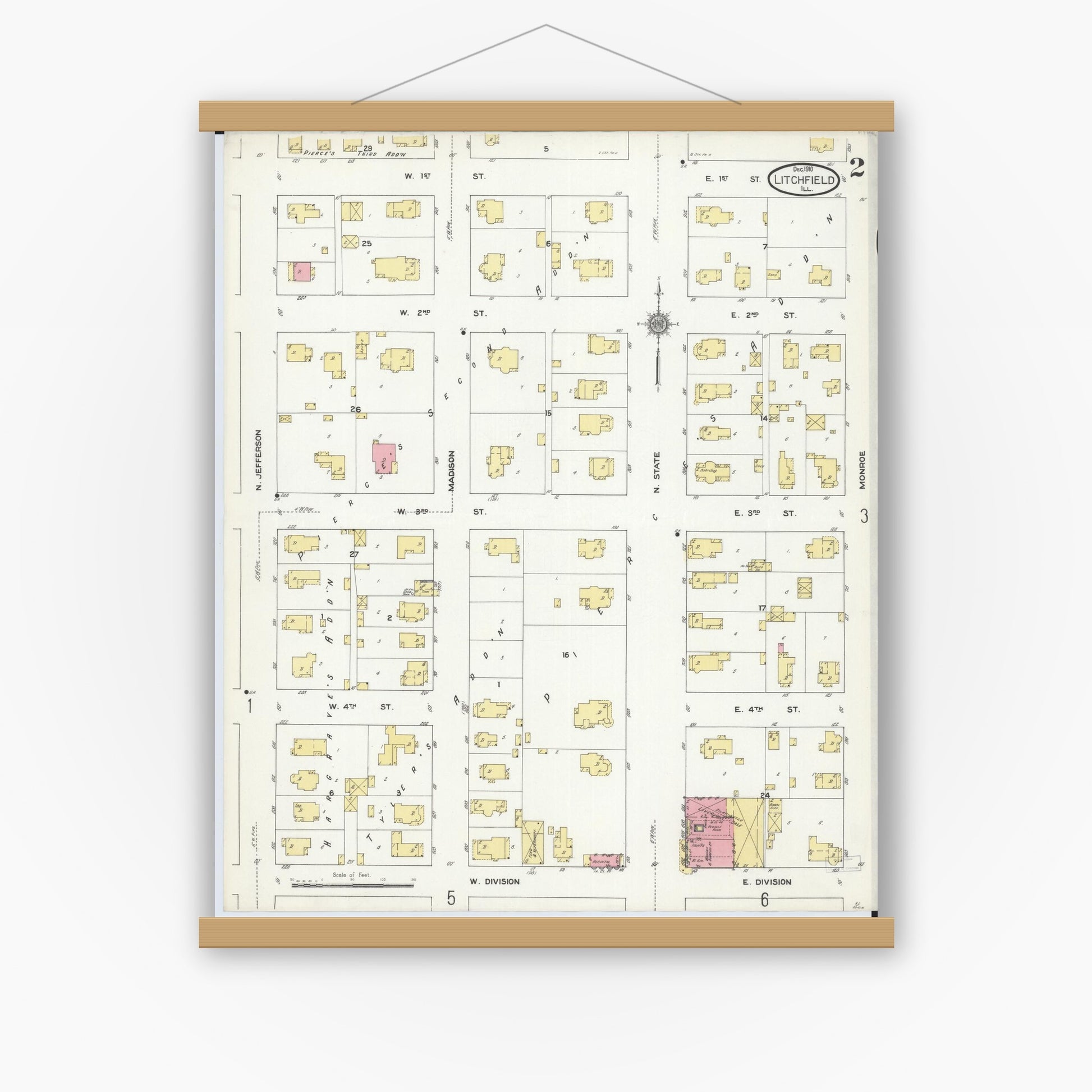 Old map wall art mockup — magnetic wood frame on white wall — Sanborn Fire Insurance Map from Litchfield, Montgomery County, Illinois (1910), Sheet #0002