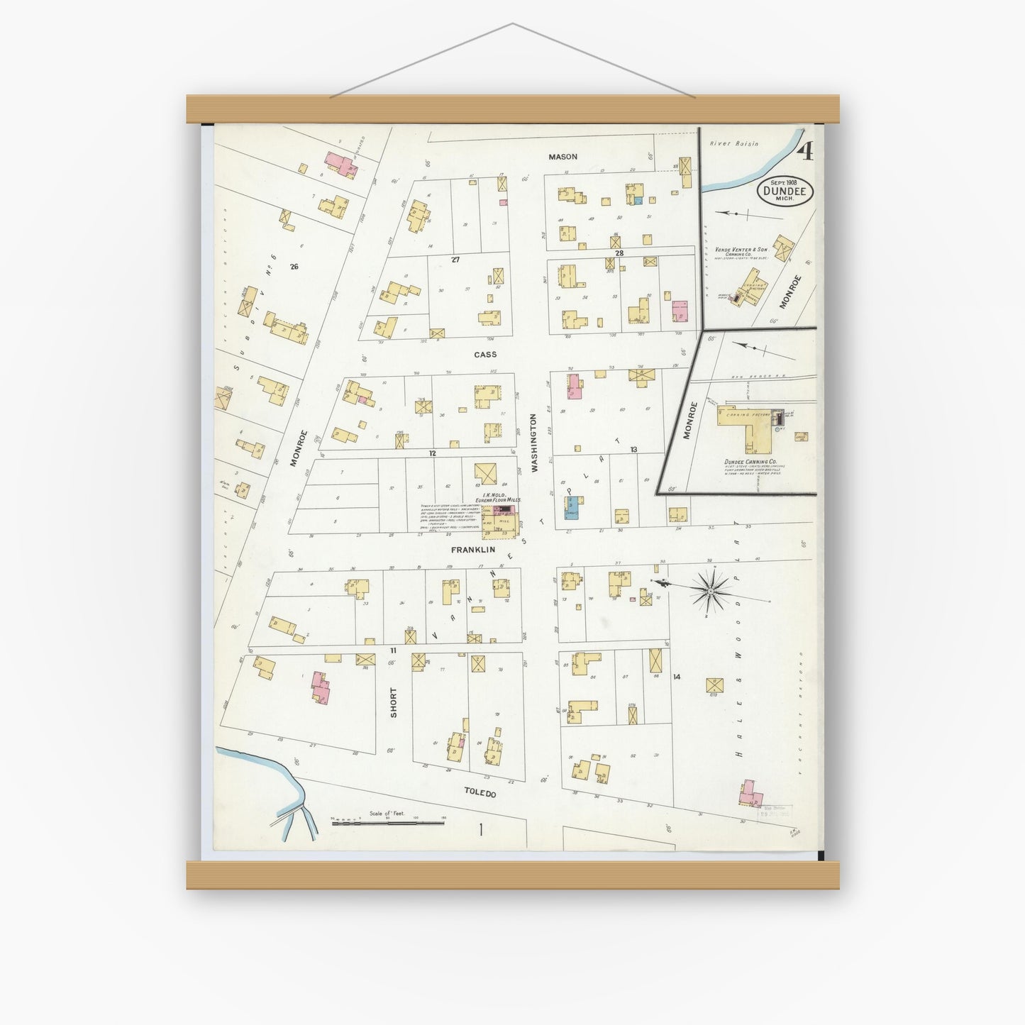 Old map wall art mockup — magnetic wood frame on white wall — Sanborn Fire Insurance Map from Dundee, Monroe County, Michigan (1908), Sheet #0004
