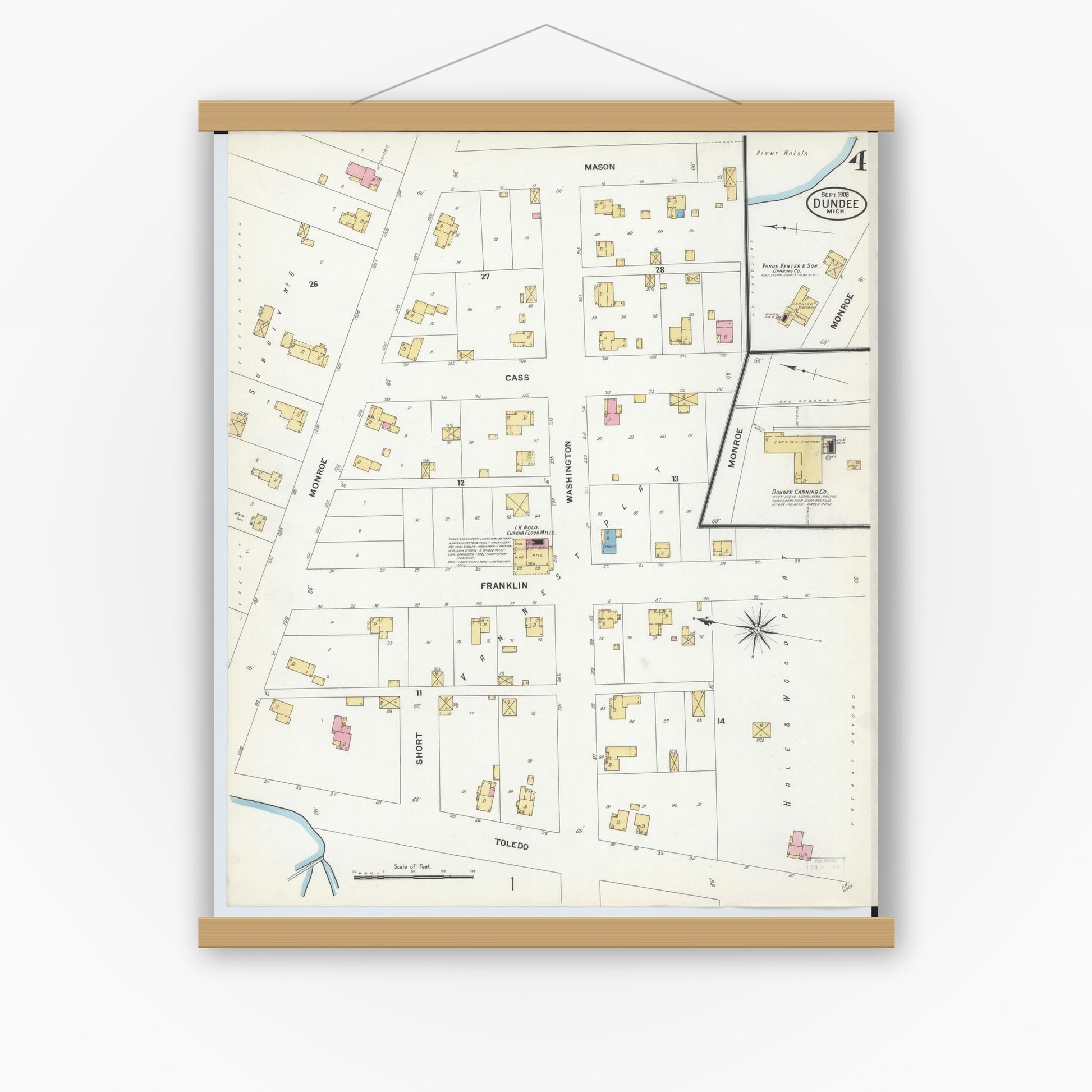Old map wall art mockup — magnetic wood frame on white wall — Sanborn Fire Insurance Map from Dundee, Monroe County, Michigan (1908), Sheet #0004