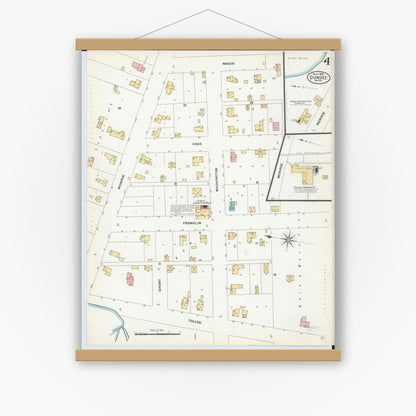 Old map wall art mockup — magnetic wood frame on white wall — Sanborn Fire Insurance Map from Dundee, Monroe County, Michigan (1908), Sheet #0004