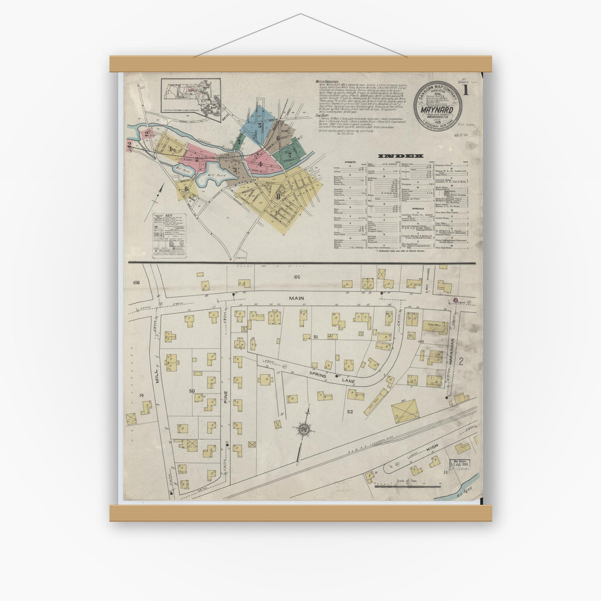 Old map wall art mockup — magnetic wood frame on white wall — Sanborn Fire Insurance Map from Maynard, Middlesex County, Massachusetts (1915) - Complete Map Set