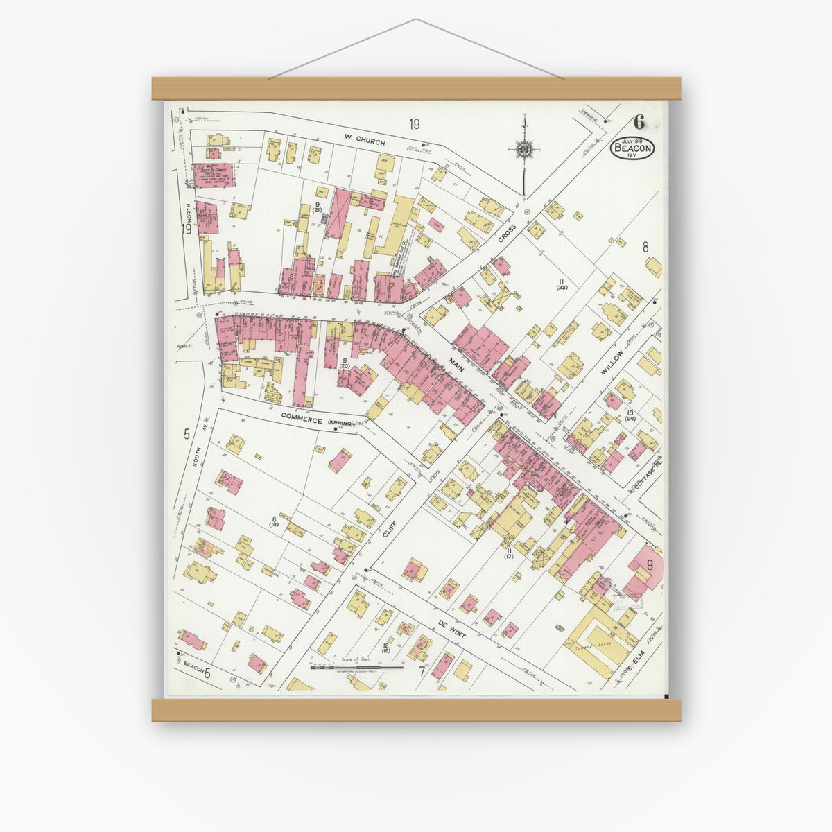 Old map wall art mockup — magnetic wood frame on white wall — Sanborn Fire Insurance Map from Beacon, Dutchess County, New York (1919), Sheet #0006