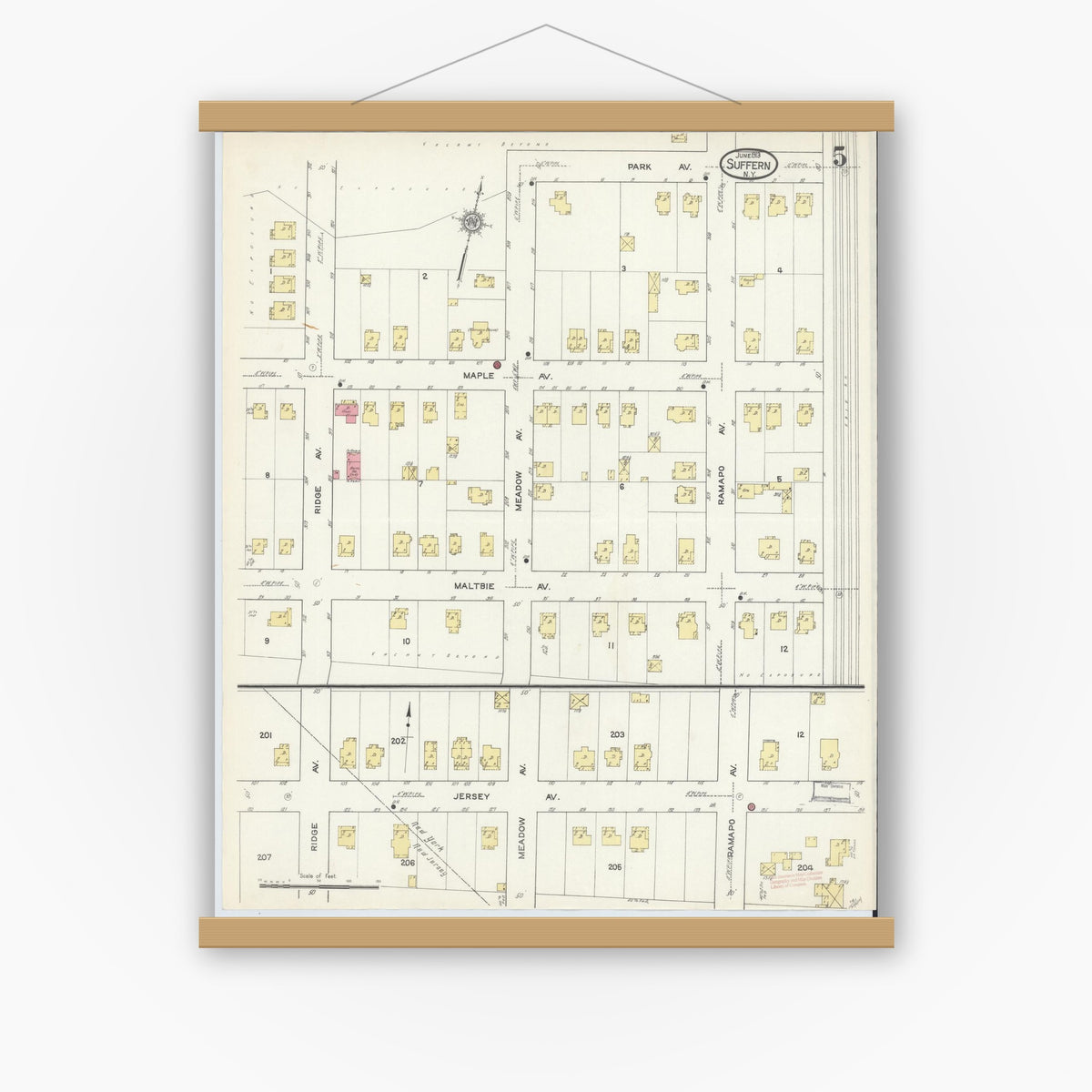 Old map wall art mockup — magnetic wood frame on white wall — Sanborn Fire Insurance Map from Suffern, Rockland County, New York (1913), Sheet #0005