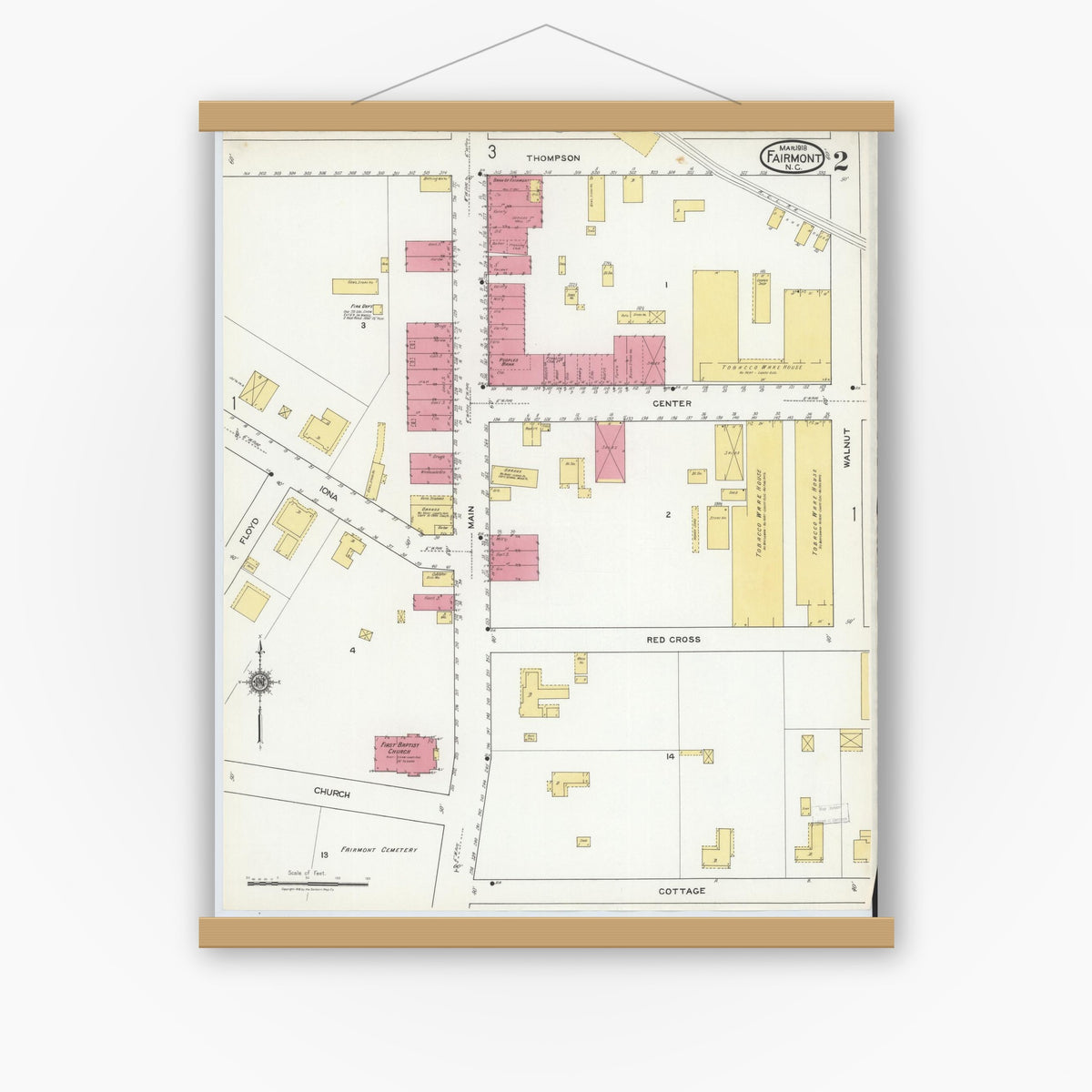 Old map wall art mockup — magnetic wood frame on white wall — Sanborn Fire Insurance Map from Fairmont, Robeson County, North Carolina (1918), Sheet #0002