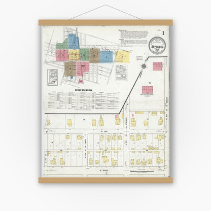 Old map wall art mockup — magnetic wood frame on white wall — Sanborn Fire Insurance Map from Mitchell, Lawrence County, Indiana (1918), Sheet #0001