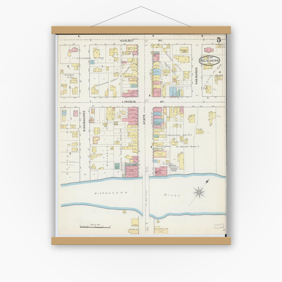Old map wall art mockup — magnetic wood frame on white wall — Sanborn Fire Insurance Map from Belvidere, Boone County, Illinois (1892), Sheet #0005