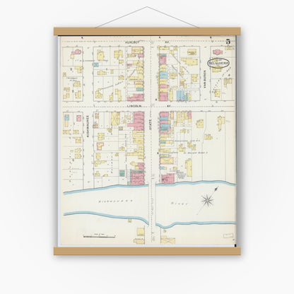 Old map wall art mockup — magnetic wood frame on white wall — Sanborn Fire Insurance Map from Belvidere, Boone County, Illinois (1892), Sheet #0005