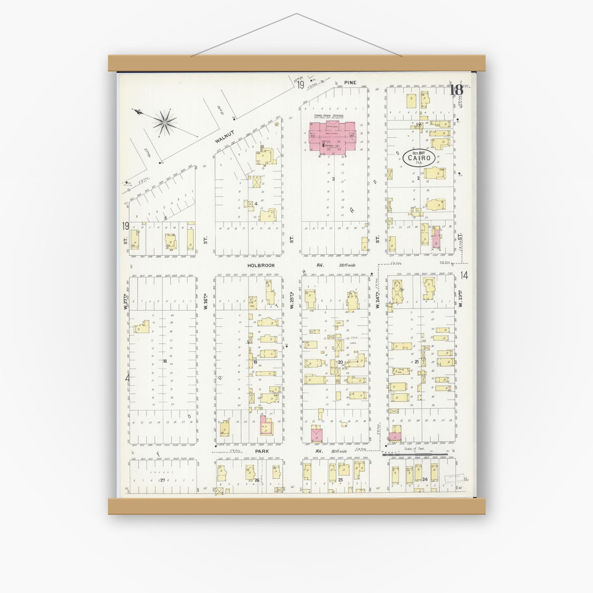Old map wall art mockup — magnetic wood frame on white wall — Sanborn Fire Insurance Map from Cairo, Alexander County, Illinois (1907), Sheet #0018