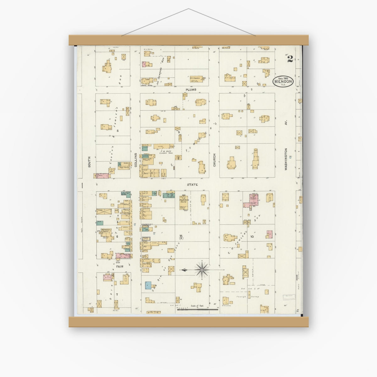 Old map wall art mockup — magnetic wood frame on white wall — Sanborn Fire Insurance Map from Mendon, Adams County, Illinois (1905), Sheet #0002