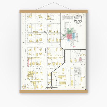 Old map wall art mockup — magnetic wood frame on white wall — Sanborn Fire Insurance Map from West Liberty, Muscatine County, Iowa (1899), Sheet #0001