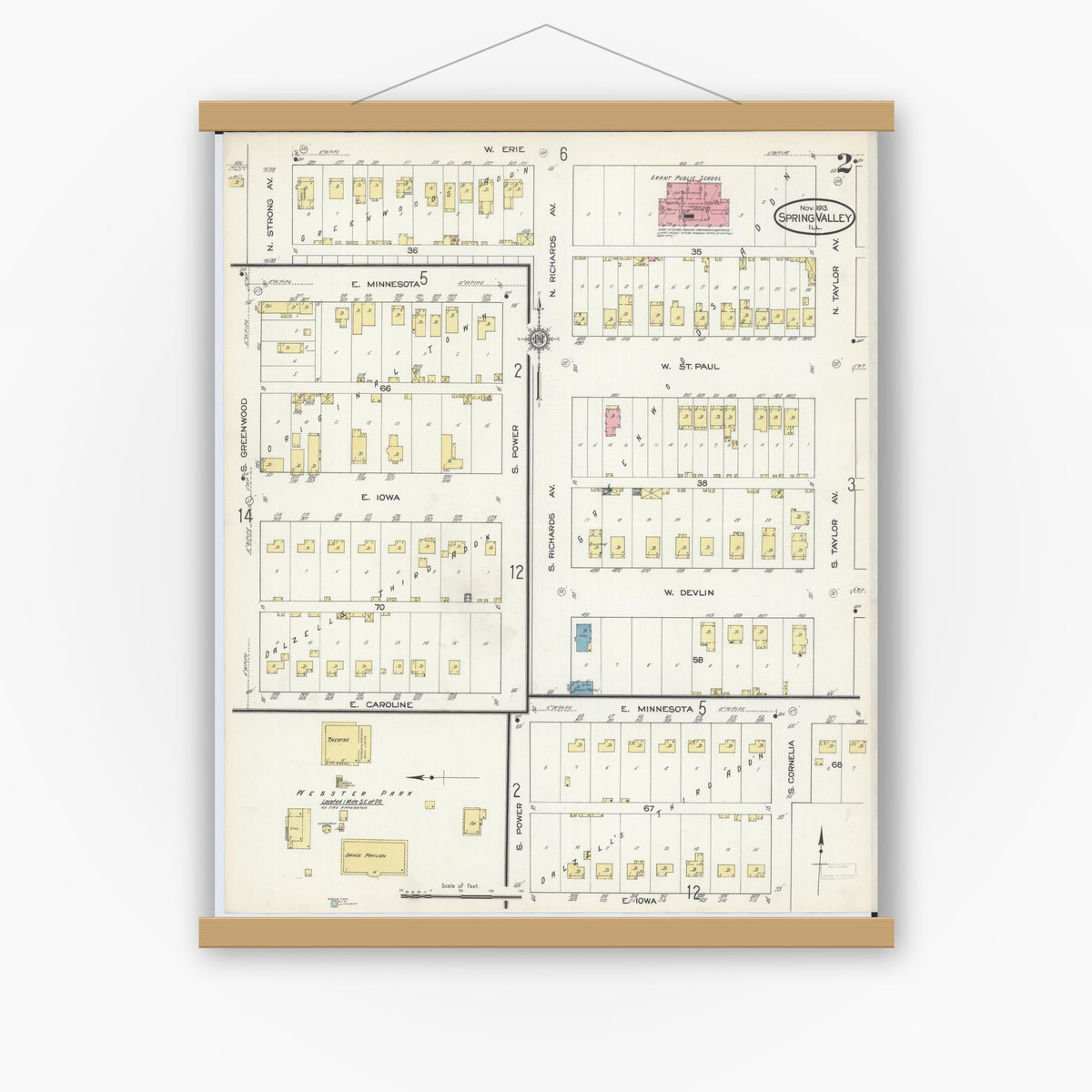 Old map wall art mockup — magnetic wood frame on white wall — Sanborn Fire Insurance Map from Spring Valley, Bureau County, Illinois (1913), Sheet #0002