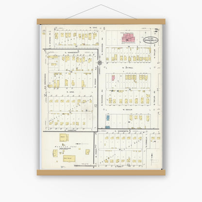 Old map wall art mockup — magnetic wood frame on white wall — Sanborn Fire Insurance Map from Spring Valley, Bureau County, Illinois (1913), Sheet #0002