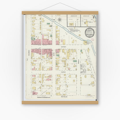 Old map wall art mockup — magnetic wood frame on white wall — Sanborn Fire Insurance Map from West Liberty, Logan County, Ohio (1896) - Complete Map Set