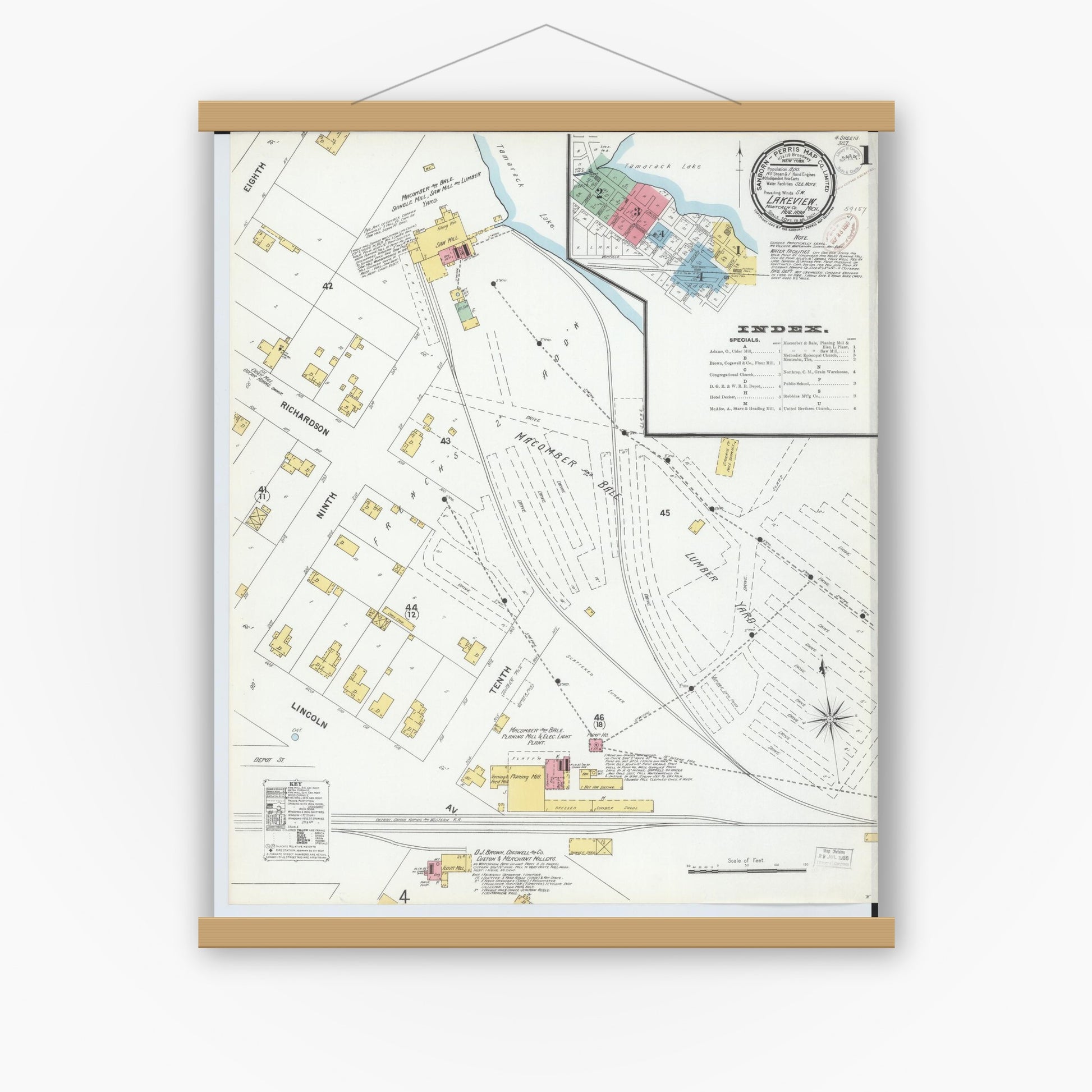 Old map wall art mockup — magnetic wood frame on white wall — Sanborn Fire Insurance Map from Lakeview, Montcalm County, Michigan (1899) - Complete Map Set