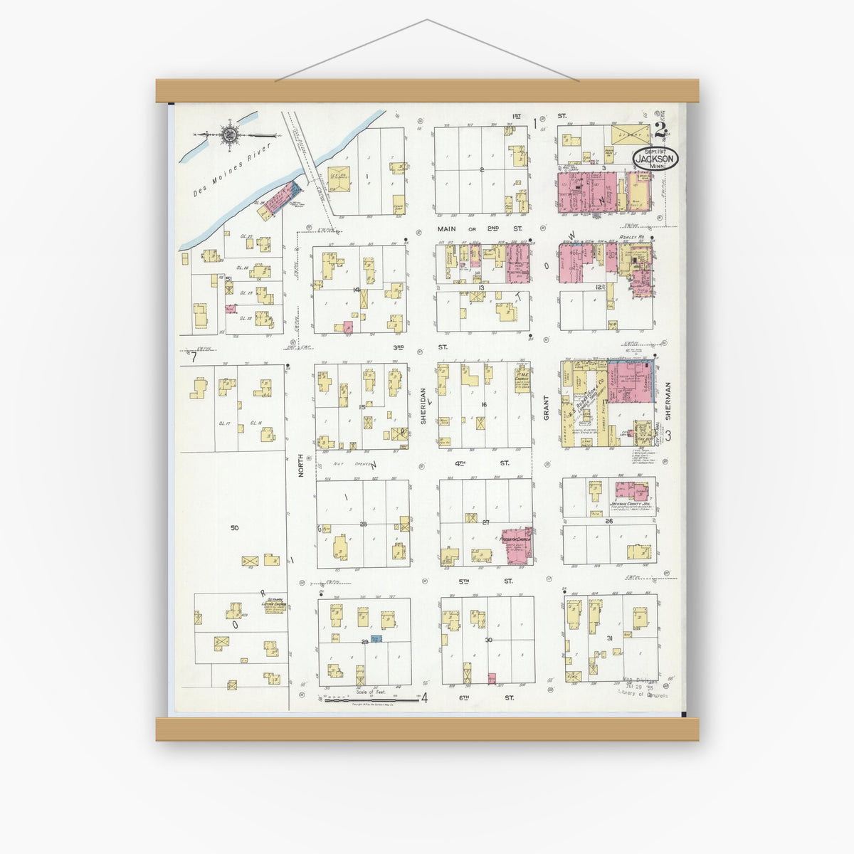 Old map wall art mockup — magnetic wood frame on white wall — Sanborn Fire Insurance Map from Jackson, Jackson County, Minnesota (1917), Sheet #0002