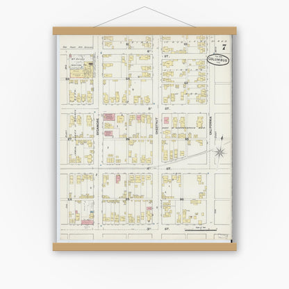Old map wall art mockup — magnetic wood frame on white wall — Sanborn Fire Insurance Map from Columbus, Bartholomew County, Indiana (1890), Sheet #0007