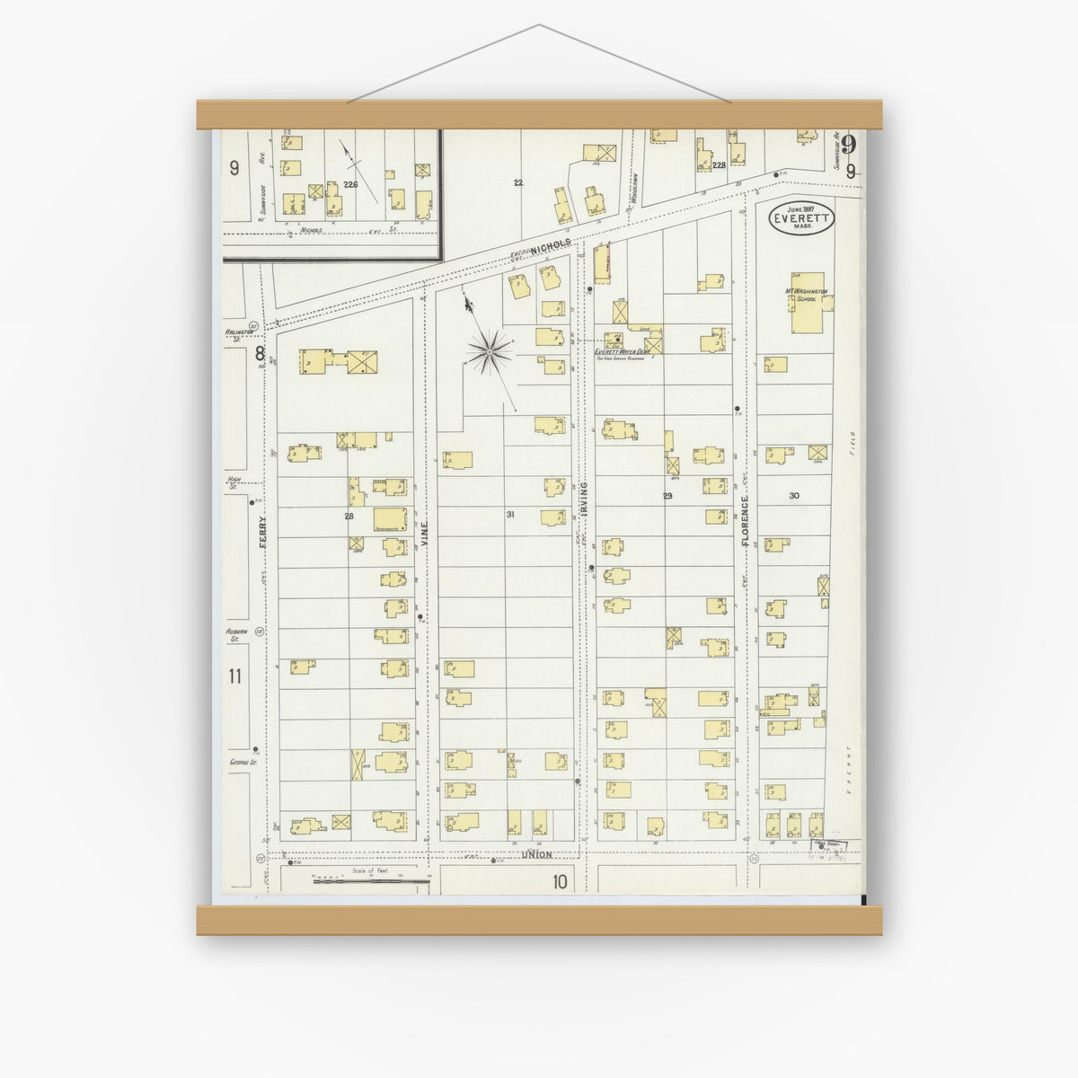 Old map wall art mockup — magnetic wood frame on white wall — Sanborn Fire Insurance Map from Everett, Middlesex County, Massachusetts (1897), Sheet #0009